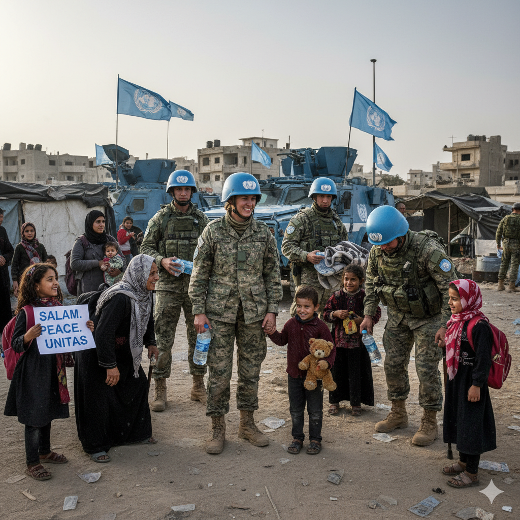  “Gaza Security Force peacekeepers helping families in Gaza.”