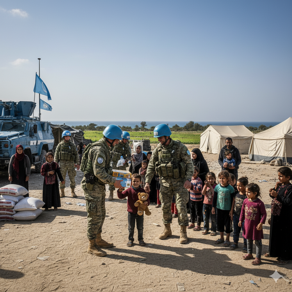 : “UN peacekeepers with blue helmets helping Gaza children and families, delivering food and aid, peaceful background.”