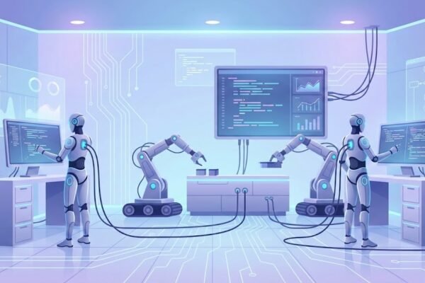 programmable robots working in a high-tech lab with robotic arms