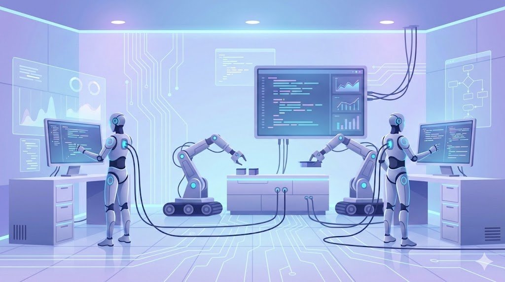 programmable robots working in a high-tech lab with robotic arms