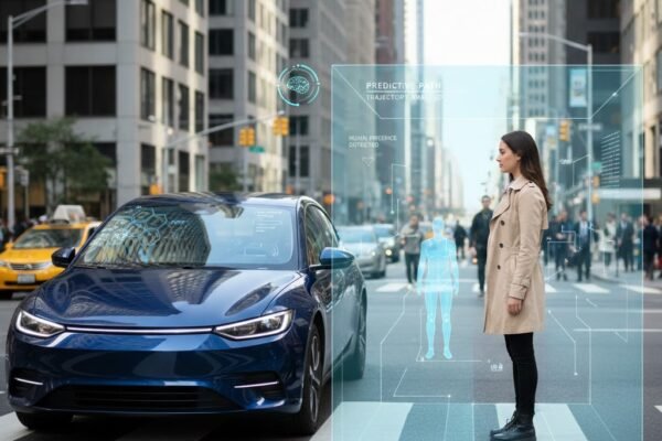 AI model watching a pedestrian at a busy crosswalk to predict if they will cross the road and help keep traffic safer