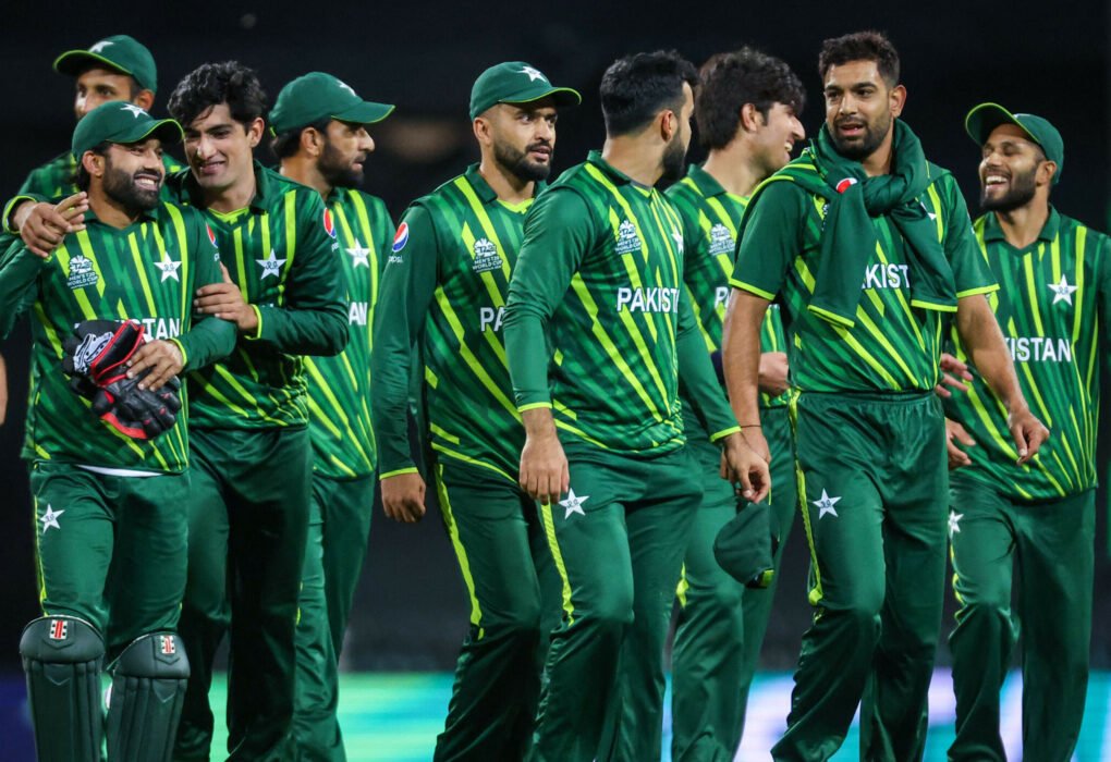 Pakistan cricket team in green jerseys during T20 World Cup 2026 match, players in action for semifinal scenarios qualification against Sri Lanka