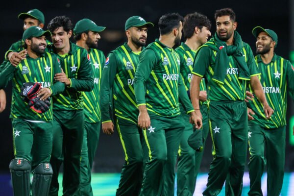 Pakistan cricket team in green jerseys during T20 World Cup 2026 match, players in action for semifinal scenarios qualification against Sri Lanka