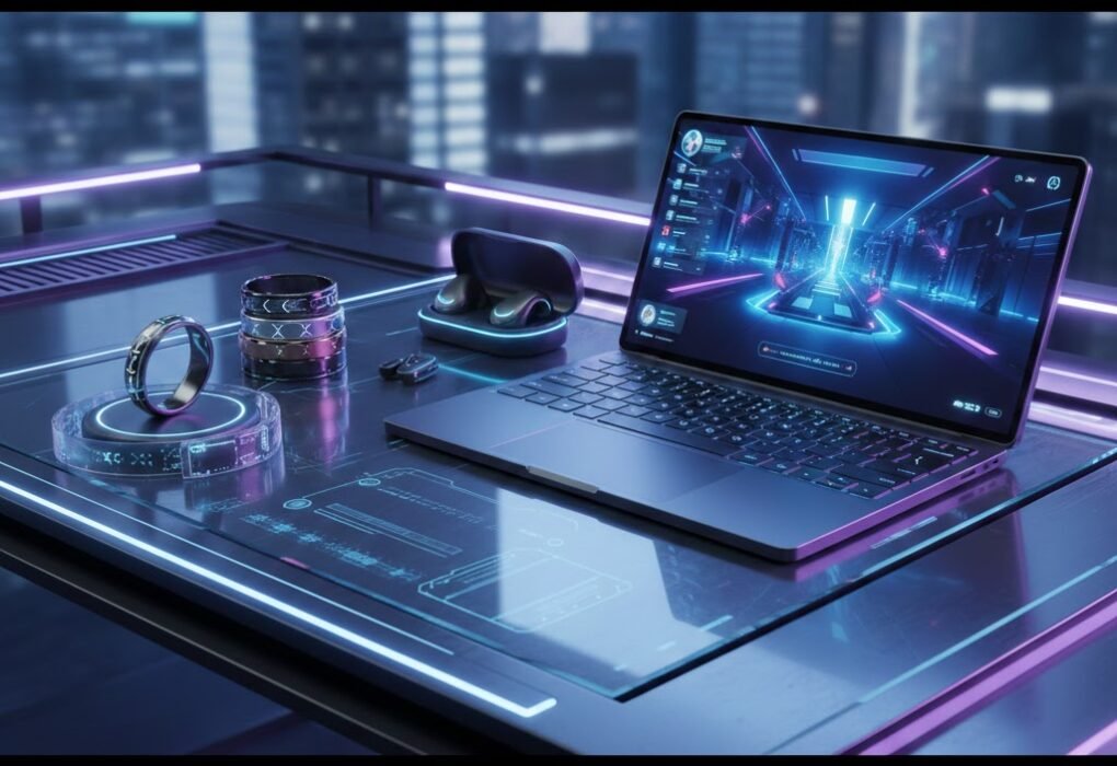 New gadgets 2026 with AI wearables, smart rings, health trackers and a futuristic rollable gaming laptop glowing