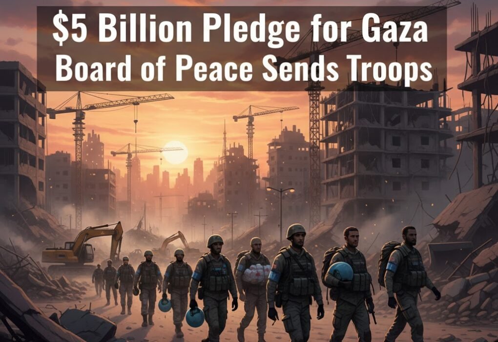 International peacekeeping troops entering war‑damaged Gaza as reconstruction begins after a $5 billion Board of Peace pledge.