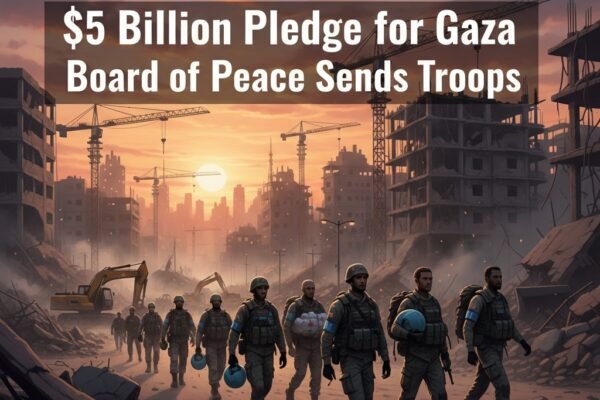 International peacekeeping troops entering war‑damaged Gaza as reconstruction begins after a $5 billion Board of Peace pledge.