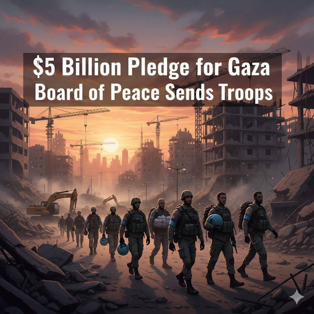 International peacekeeping troops entering war‑damaged Gaza as reconstruction begins after a $5 billion Board of Peace pledge.