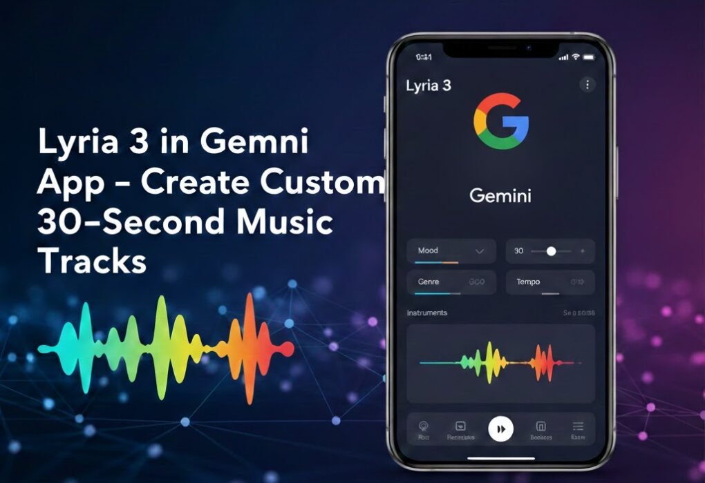 Lyria 3 in the Google Gemini app creating custom 30‑second AI music tracks on a smartphone