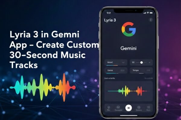 Lyria 3 in the Google Gemini app creating custom 30‑second AI music tracks on a smartphone