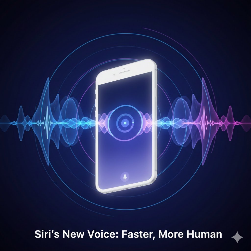 Apple iPhone screen with colorful sound waves representing Siri’s new, more human voice and faster responses