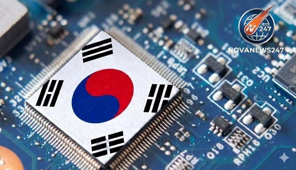 South Korea flag on a semiconductor chip symbolising US tariff pressure on Korean tech exports