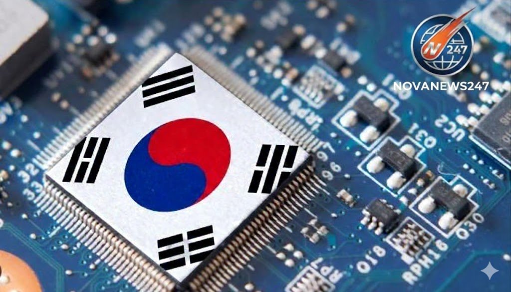 South Korea flag on a semiconductor chip symbolising US tariff pressure on Korean tech exports