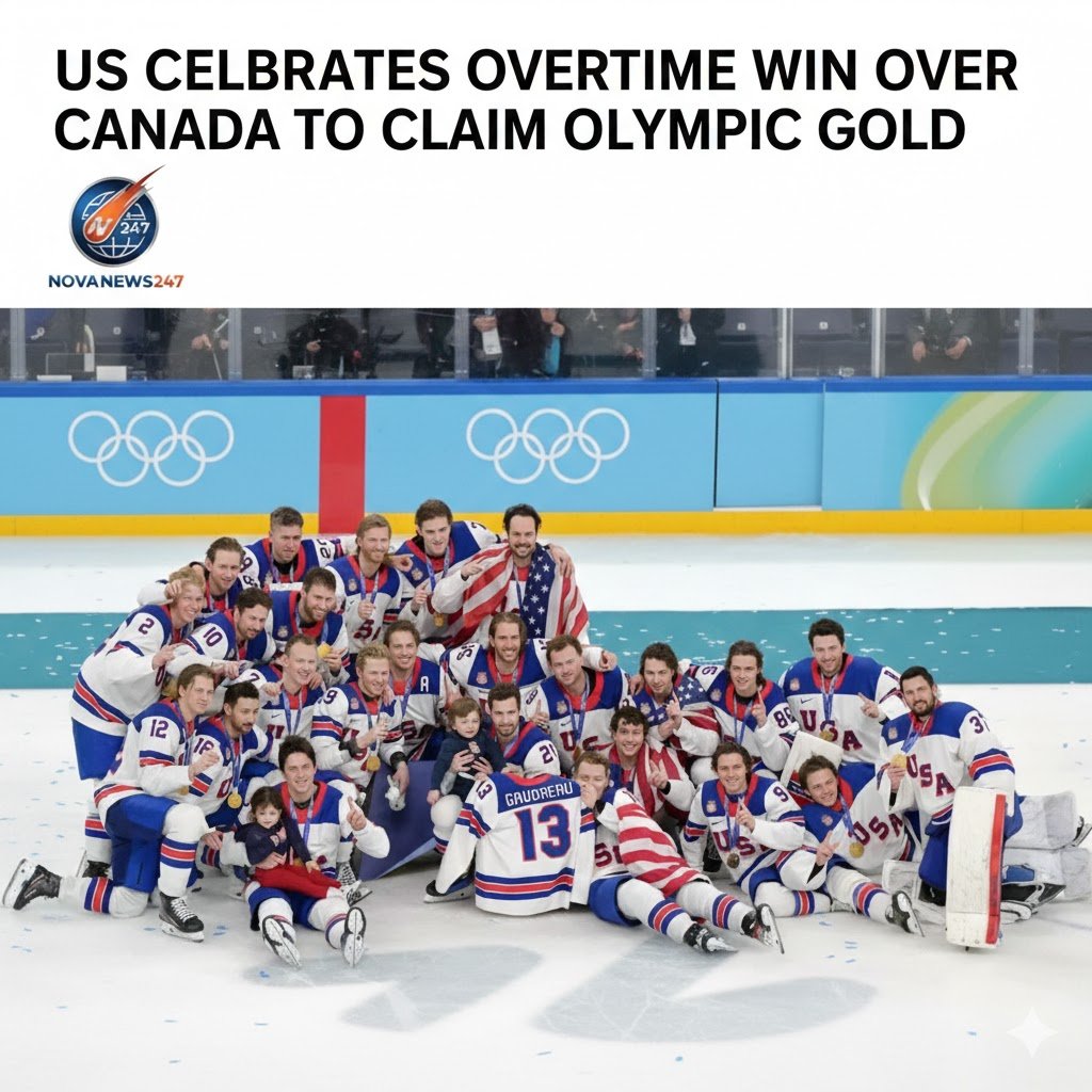 US men’s ice hockey team celebrating on the ice after a 2-1 overtime win against Canada to clinch Olympic gold at Milan-Cortina 2026.